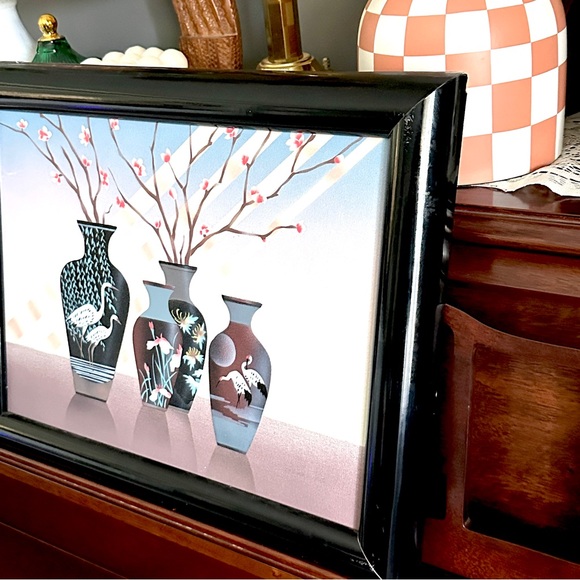 Vintage 90s Airbrushed Canvas Art Asian Vases Cranes Blossoms Framed Painting - Picture 7 of 9